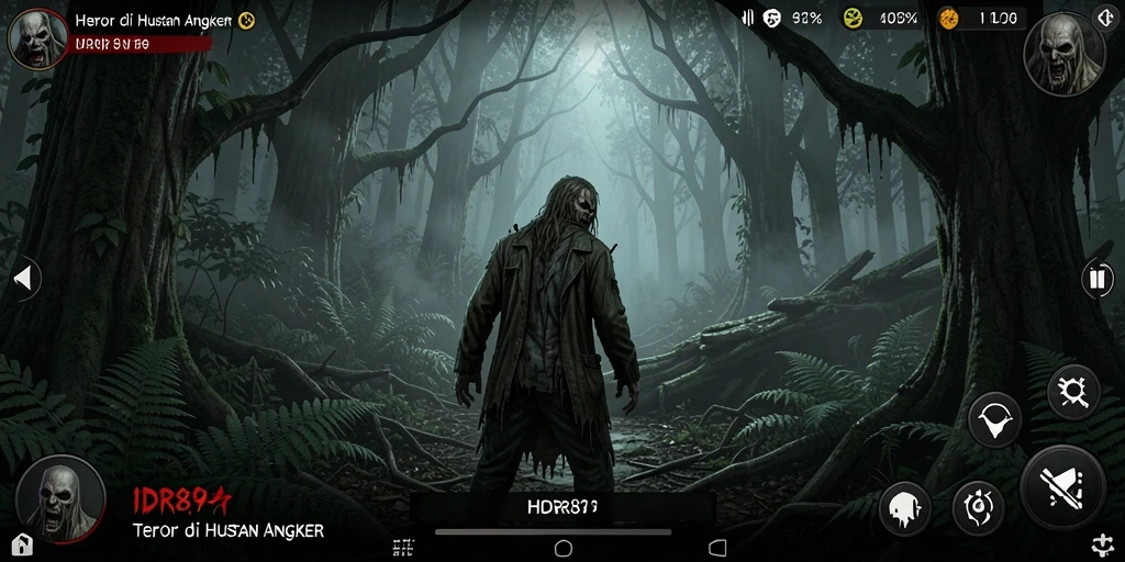 Antarmuka dan suasana menegangkan dari game Horor Hutan.