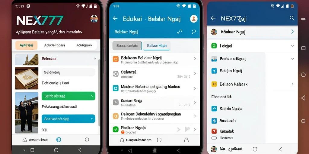Antarmuka aplikasi NEX777 untuk belajar ngaji yang interaktif dan mudah digunakan.